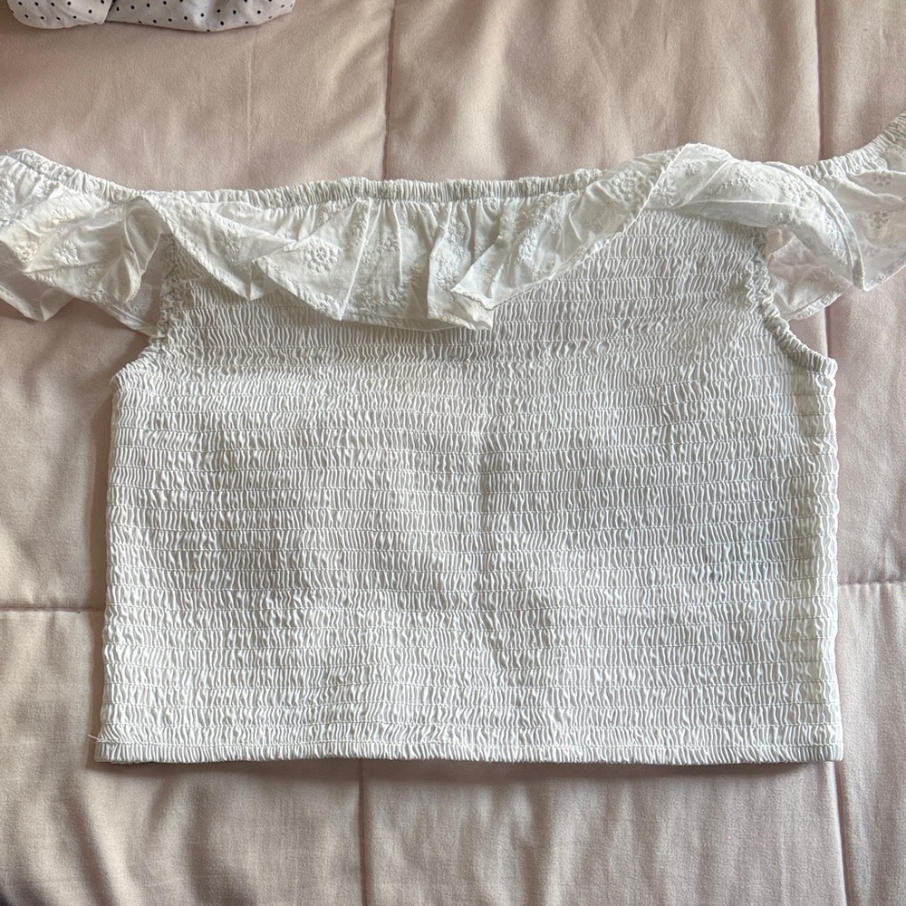 wild fable White Off-Shoulder Smocked Ruffle Crop Top